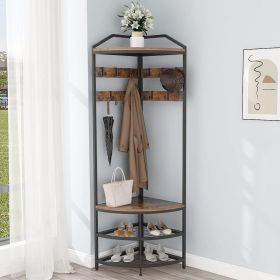 Corner Hall Tree with Shoe Bench Entryway Coat Rack with 10 Metal Movable Hooks Floor Standing Clothes Rack Shoes Shelf Organizer for Home Office Bedr