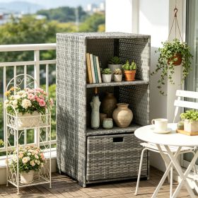 Waterproof PE Plastic Rattan Valet Pool Towel Rack with 2 Shelves And 1 Basket Drawer Gray Wicker Storage Organizer
