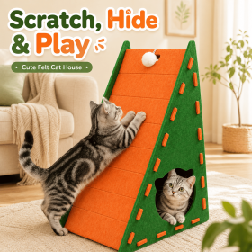 3-in-1 Felt Cat Scratcher House With Hanging Pom-Pom, A-Frame Cat Scratch Ramp With Cat-Head Hideout, Space-Saving Indoor Cat Play & Rest Furniture