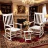 White Wooden Rocking Chair Set with Curved Armrests High Back Slatted Top Table Outdoor Rocker Set for Garden Patio