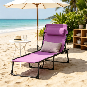 Purple Folding Chaise Lounge Pool Chair 4-Position Reclining Back Pillow Breathable Mesh Bungee Seat for Comfortable Poolside Relaxation