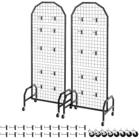 2-Pack Removable Grid Wall Panels, 1.9x5.4ft Black Stainless Steel Display Rack with 20 Hooks & Wheels, for Crafts Display, Decoration