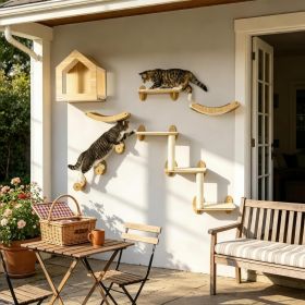 8PCs Cat Wall Shelves Set Wall-mounted Pet Climbing Shelf with Cushion Condo Scratching Posts Hammock in Oak Finish