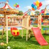 Red 4-in-1 Wooden Swing Set  with Slide Horn Steering Wheel - Outdoor Playset