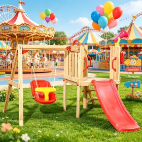 Red 4-in-1 Wooden Swing Set  with Slide Horn Steering Wheel - Outdoor Playset
