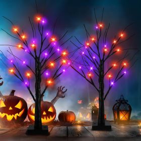 2 Pack 24 Inch Halloween Decorations Indoor Lighted Tree, Black Halloween Spooky Trees with 48 LEDs Orange & Purple Lights