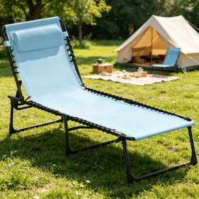 Baby Blue Folding Chaise Lounge Pool Chair 4-Position Reclining Back Pillow Breathable Mesh Bungee Seat for Outdoor Relaxation
