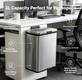 3L Wall Mounted Stainless Steel Trash Can with Slide Lid, Hanging Under Cabinet Garbage Bin