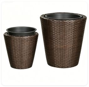 2-Piece PP Rattan Planter Set, 15 & 12 Tapered Square Flower Pots with Built-in Inner Pots & Drainage Holes for Indoor Outdoor Patio Garden