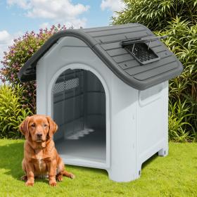 Waterproof Plastic Dog House with Adjustable Skylight and Elevated Floor, Outdoor Indoor Doghouse Puppy Shelter,Gray