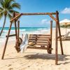 2-Seat Wooden Log Porch Swing with A-Frame Stand Carbonized Brown Patio Swing Chair Bench Featuring Wagon Wheel Armrests