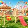 Red 4-in-1 Wooden Swing Set  with Slide Horn Steering Wheel - Outdoor Playset