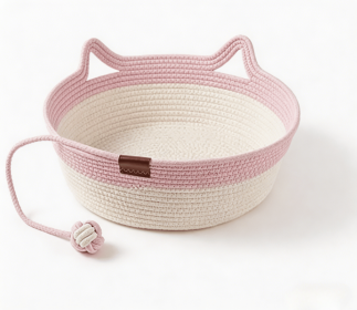 2-in-1 Cotton Rope Cat Bed with Hanging Interactive Toy, Cozy Round Cat Nest for Indoor Cats, Washable Pet Bed with Handles (Color: Pink)