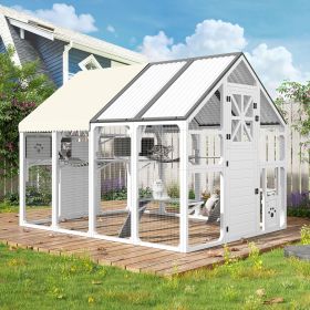 Extra Large Catio Outdoor Cat Enclosure, Walk-in Outdoor Pet House for Multiple Cats, Catio Cat Run Cage with Bridges, PVC Roof, Weatherproof Cover (Cclor: Grey,White)