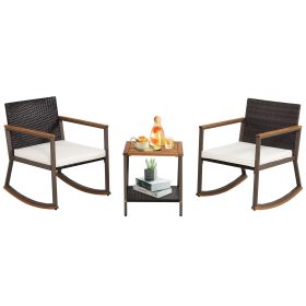 3 Pieces Rattan Rocking Bistro Set with Coffee Table and Cushions (Color: Off White)