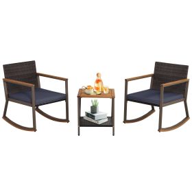 3 Pieces Rattan Rocking Bistro Set with Coffee Table and Cushions (Color: Navy)