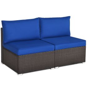 2 Pieces Patio Rattan Armless Sofa Set with 2 Cushions and 2 Pillows (Color: Navy)