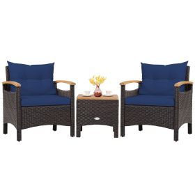 3 Pieces Patio Rattan Furniture Set with Removable Cushions (Color: Navy)
