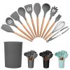 11Pcs Silicone Cooking Utensil Set Heat Resist Wooden Handle Silicone Spatula Turner Ladle Spaghetti Server Tongs Spoon Egg Whish Kitchenware Set w/ H