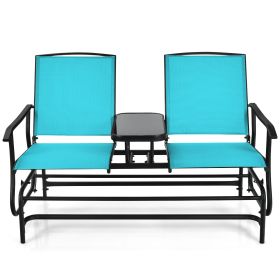 2-Person Double Rocking Loveseat with Mesh Fabric and Center Tempered Glass Table (Color: Turquoise)