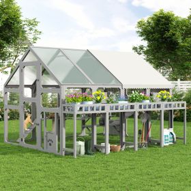 Large Outdoor Cat House with Planter Stand, Wooden Cat Enclosure with Resting Boxes for Multiple Kittens, Hanging Bridge, Platforms (Color: Grey)