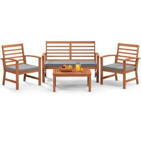4 Pieces Outdoor Furniture Set with Stable Acacia Wood Frame (Color: Gray)