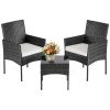 Three-piece garden furniture set, woven outdoor polyethylene rattan furniture, equipped with a coffee table and washable cushions