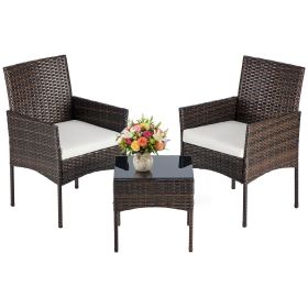 Three-piece garden furniture set, woven outdoor polyethylene rattan furniture, equipped with a coffee table and washable cushions (Color: brown/3)